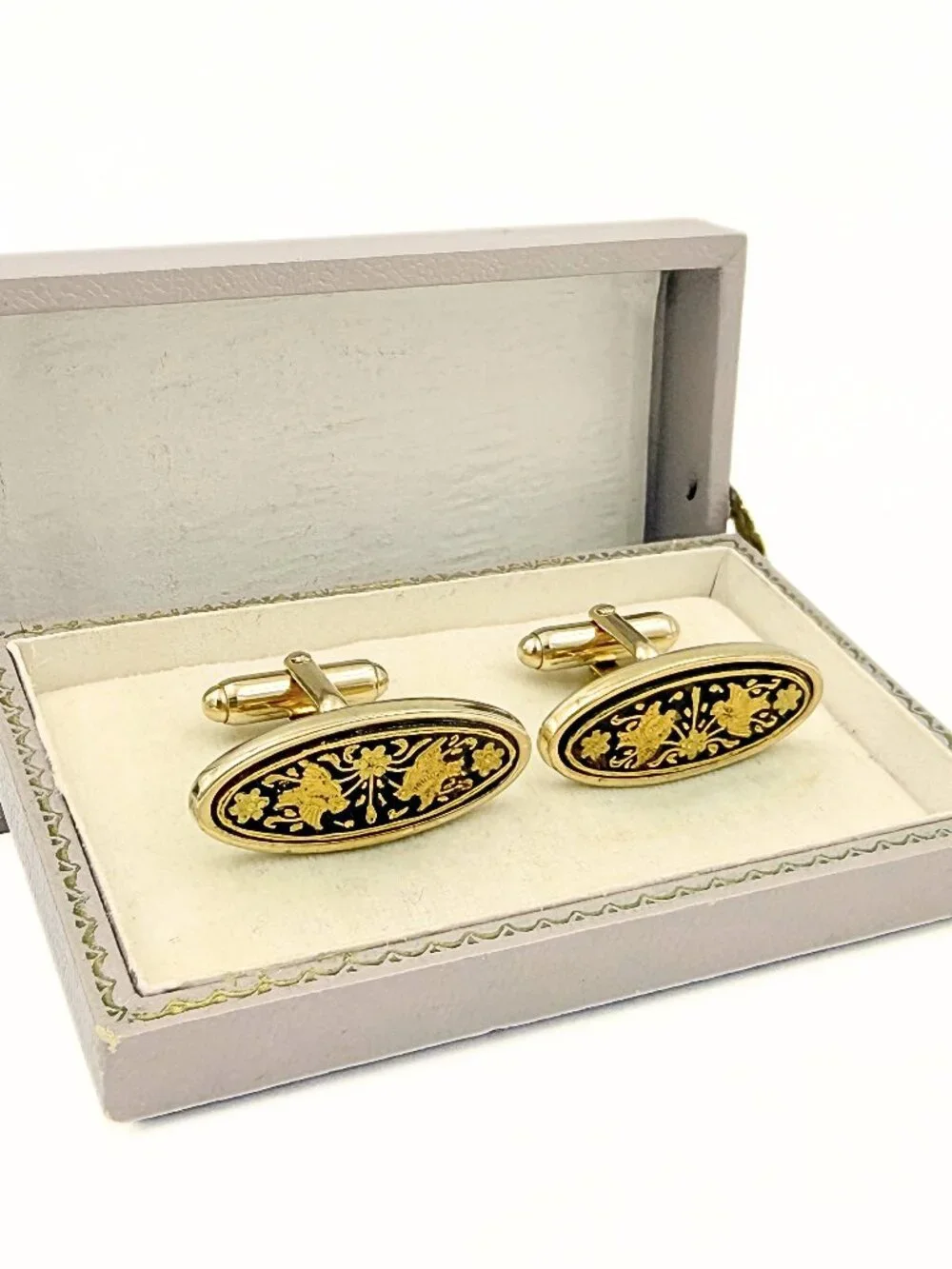 Anson Signed Damascene Toledo Vintage Elongated Gold Plated Cufflinks